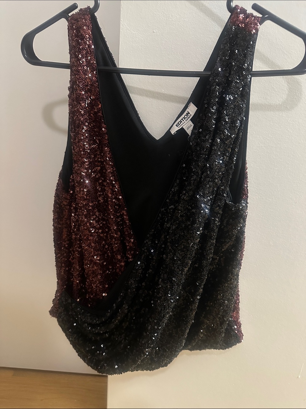 Express Sequin Wrap Top in Black and Burgundy